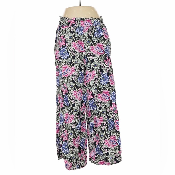 NWT LOFT Pink and Black Floral Wide Leg Crop Linen Pants. - Size Large - Picture 1 of 8